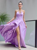 A-Line/Princess Satin Ruffles Sweetheart Sleeveless Sweep/Brush Train Dresses