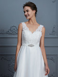 A-Line/Princess V-neck Sleeveless Floor-Length Lace Chiffon Wedding Dresses TPP0006395