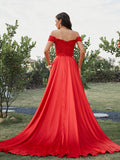 A-Line/Princess Silk like Satin Applique Off-the-Shoulder Sleeveless Sweep/Brush Train Two Piece Dresses TPP0001490