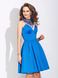 A-Line/Princess High Neck Beading Sleeveless Short Satin Dresses TPP0003768