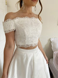 A-Line/Princess Satin Lace Off-the-Shoulder Sleeveless Sweep/Brush Train Two Piece Dresses TPP0004729