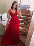 A-Line/Princess Floor-Length Applique V-neck Sleeveless Tulle Dresses TPP0004013