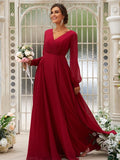 A-Line/Princess Chiffon Ruched V-neck Long Sleeves Floor-Length Bridesmaid Dresses TPP0004950