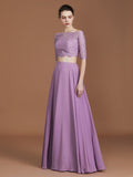 A-Line/Princess Lace Off-the-Shoulder 1/2 Sleeves Floor-Length Chiffon Bridesmaid Dress TPP0005799