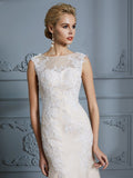 Trumpet/Mermaid Scoop Sleeveless Tulle Applique Floor-Length Wedding Dresses TPP0006351