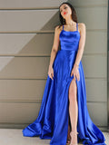 A-Line/Princess Spaghetti Straps Elastic Woven Satin Sleeveless Ruffles Sweep/Brush Train Dresses TPP0001548