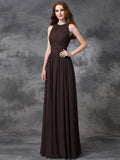 A-line/Princess Jewel Ruched Sleeveless Long Chiffon Bridesmaid Dresses TPP0005189