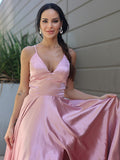 A-Line/Princess Silk like Satin Ruffles V-neck Sleeveless Sweep/Brush Train Dresses TPP0001612