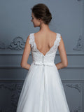 A-Line/Princess V-neck Sleeveless Floor-Length Lace Chiffon Wedding Dresses TPP0006395