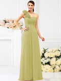 A-Line/Princess One-Shoulder Hand-Made Flower Sleeveless Long Chiffon Bridesmaid Dresses TPP0005311