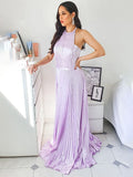 A-Line/Princess Sweep/Brush Train Halter Silk like Satin Sleeveless Ruched Dresses TPP0004784