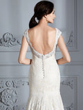 Trumpet/Mermaid Sleeveless V-Neck Lace Sweep/Brush Train Wedding Dresses TPP0006374