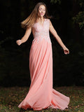 A-Line/Princess Chiffon Lace V-neck Sleeveless Sweep/Brush Train Dresses TPP0004823