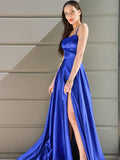 A-Line/Princess Spaghetti Straps Elastic Woven Satin Sleeveless Ruffles Sweep/Brush Train Dresses TPP0001548