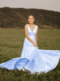 A-Line/Princess Ruffles V-neck Sleeveless Satin Sweep/Brush Train Dresses TPP0004804