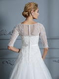 A-Line/Princess 1/2 Sleeves Scoop Lace Court Train Tulle Wedding Dresses TPP0006509