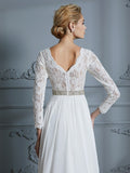 A-Line/Princess 3/4 Sleeves V-neck Lace Sweep/Brush Train Chiffon Wedding Dresses TPP0006390