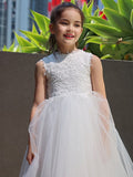 A-Line/Princess Tulle Lace High Neck Sleeveless Knee-Length Flower Girl Dresses TPP0007488