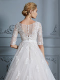 Ball Gown V-neck Court Train 1/2 Sleeves Lace Tulle Wedding Dresses TPP0006340