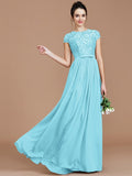 A-Line/Princess Jewel Short Sleeves Lace Floor-Length Chiffon Bridesmaid Dresses TPP0005264