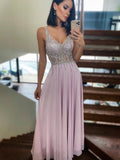 A-Line/Princess Chiffon V-neck Sleeveless Beading Floor-Length Dresses TPP0003642