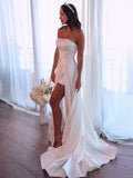 A-Line/Princess Satin Ruffles Strapless Sleeveless Sweep/Brush Train Wedding Dresses TPP0006459