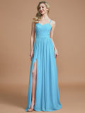 A-Line/Princess Spaghetti Straps Sleeveless Ruched Floor-Length Chiffon Bridesmaid Dresses TPP0005244