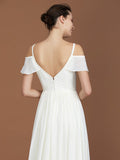 A-Line/Princess Short Sleeves Spaghetti Straps Ruched V-neck Floor-Length Chiffon Bridesmaid Dresses TPP0005580