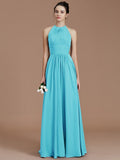 A-Line/Princess Halter Sleeveless Ruched Floor-Length Chiffon Bridesmaid Dresses TPP0005263