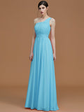 A-Line/Princess One-Shoulder Sleeveless Floor-Length Ruched Chiffon Bridesmaid Dresses TPP0005701