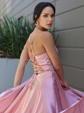 A-Line/Princess Silk like Satin Ruffles V-neck Sleeveless Sweep/Brush Train Dresses TPP0001612