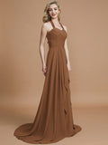 A-Line/Princess Halter Sleeveless Chiffon Sweep/Brush Train Bridesmaid Dresses TPP0005446