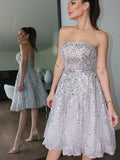 A-Line/Princess Strapless Sleeveless Sequin Knee-Length Tulle Homecoming Dresses TPP0004277