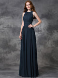 A-line/Princess Jewel Ruched Sleeveless Long Chiffon Bridesmaid Dresses TPP0005189