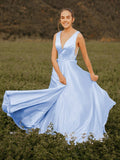 A-Line/Princess Ruffles V-neck Sleeveless Satin Sweep/Brush Train Dresses TPP0004804