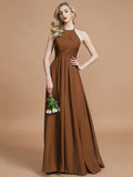 A-Line/Princess Halter Sleeveless Ruched Floor-Length Chiffon Bridesmaid Dresses TPP0005208