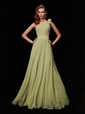 A-Line/Princess One-Shoulder Sleeveless Hand-Made Flower Long Chiffon Bridesmaid Dresses TPP0005084