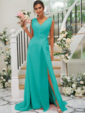 A-Line/Princess Chiffon Ruched V-neck Sleeveless Sweep/Brush Train Bridesmaid Dresses TPP0004916