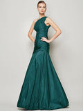 A-Line/Princess One-Shoulder Sleeveless Pleats Long Taffeta Bridesmaid Dresses TPP0005085