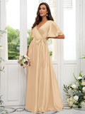 A-Line/Princess Silk like Satin Sash/Ribbon/Belt V-neck Short Sleeves Floor-Length Bridesmaid Dresses TPP0004897