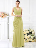 A-Line/Princess V-neck Pleats Sleeveless Long Chiffon Bridesmaid Dresses TPP0005367