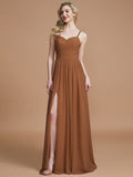 A-Line/Princess Spaghetti Straps Sleeveless Ruched Floor-Length Chiffon Bridesmaid Dresses TPP0005244