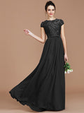 A-Line/Princess Jewel Short Sleeves Lace Floor-Length Chiffon Bridesmaid Dresses TPP0005264