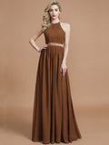 A-Line/Princess Halter Sleeveless Ruched Floor-Length Chiffon Bridesmaid Dresses TPP0005700