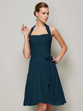 A-Line/Princess Halter Sleeveless Pleats Bowknot Short Chiffon Bridesmaid Dresses TPP0005094