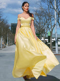 A-Line/Princess Sleeveless Off-the-Shoulder Satin Ruffles Floor-Length Dresses TPP0004529