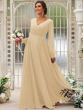 A-Line/Princess Chiffon Ruched V-neck Long Sleeves Floor-Length Bridesmaid Dresses TPP0004950