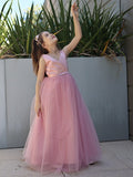 A-Line/Princess Tulle Bowknot V-neck Sleeveless Floor-Length Flower Girl Dresses TPP0007496