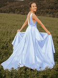 A-Line/Princess Ruffles V-neck Sleeveless Satin Sweep/Brush Train Dresses TPP0004804