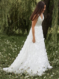 A-Line/Princess Sleeveless Organza V-neck Applique Sweep/Brush Train Wedding Dresses TPP0006149